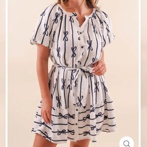 Umgee Women’s White Black Ribboned Puff Sleeve Midi Tie Dress - Size S